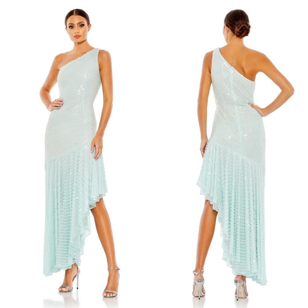 Mac Duggal Seafoam One Shoulder Pearl Embellished Asymmetric Dress - Size 4